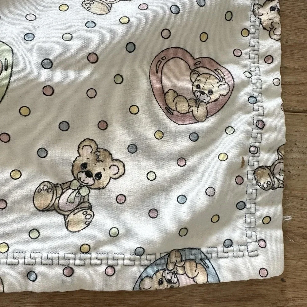 VTG 90s Hand Sewn Precious Moments Flannel Baby Blanket Bears Hearts White 45x44